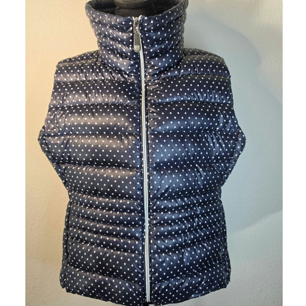 Vince Camuto Navy Polka Dot Packable Down Puffer Vest Funnel Neck Full Zip Front